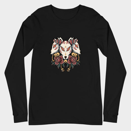 LouVoyage - Long Sleeve T-shirt Men - Kitsune Mask - Black & White - XS/2XL