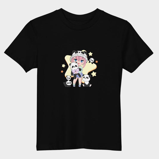 LouVoyage - T-shirt Girls - Kawaii Panda Girl - Black & White & Blue - 3/13Y