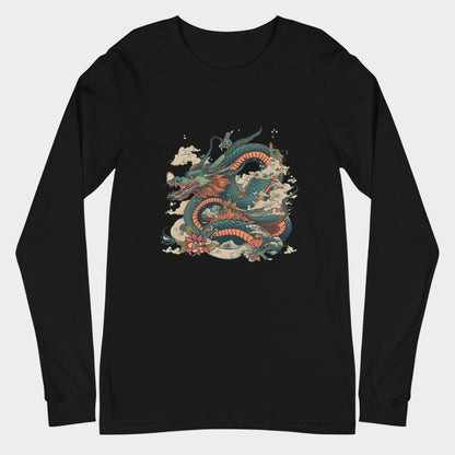 LouVoyage - Long Sleeve T-shirt Women - Ancient Dragon - Black & White - XS/2XL