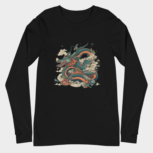 LouVoyage - Long Sleeve T-shirt Women - Ancient Dragon - Black & White - XS/2XL