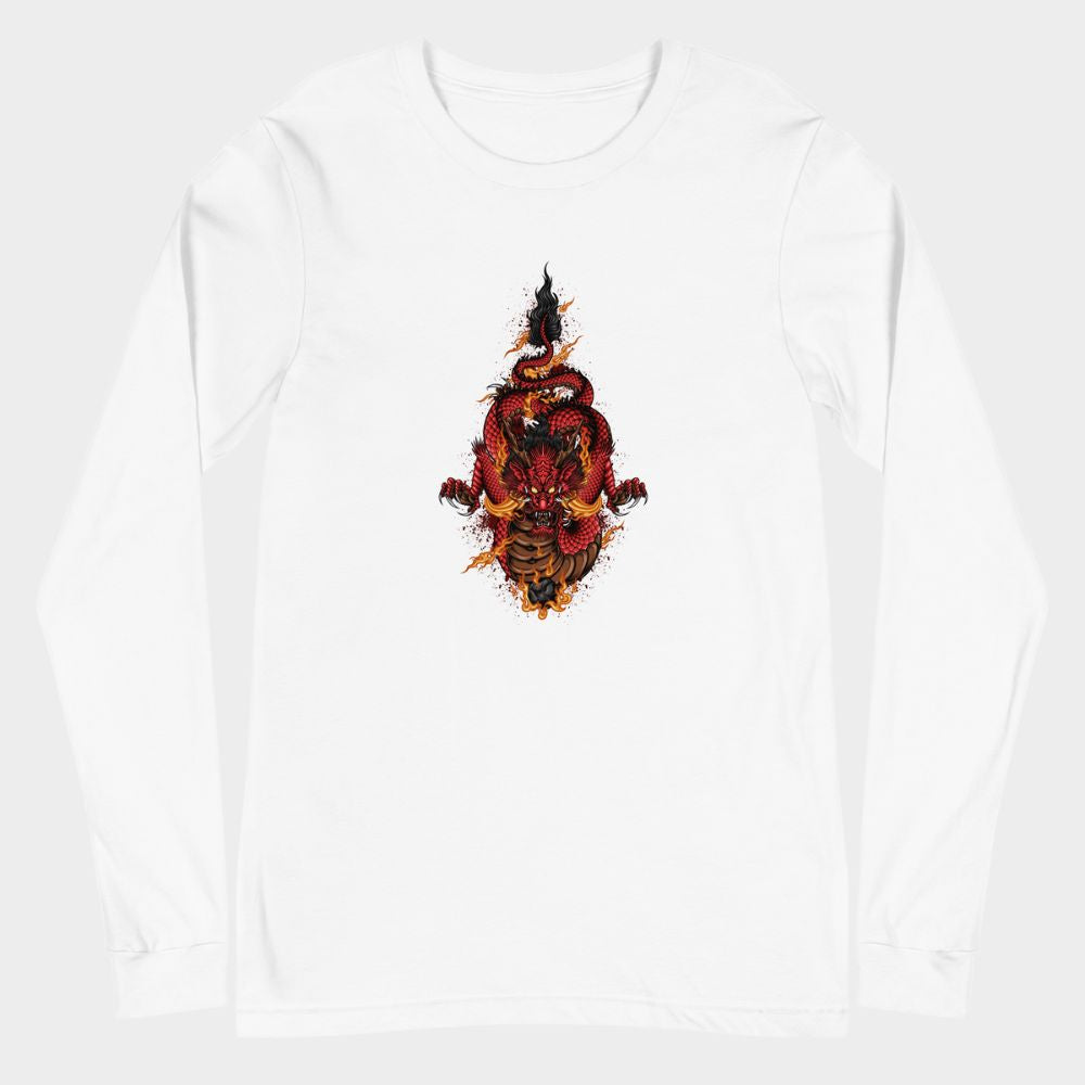 LouVoyage - Long Sleeve T-shirt Men - Dragon in Fury - White - XS/2XL