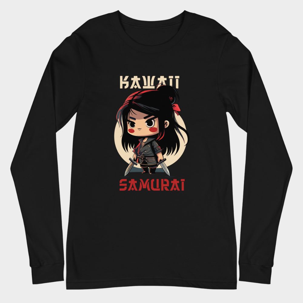 LouVoyage - Long Sleeve T-shirt Women - Kawaii Samurai - Black & White - XS/2XL