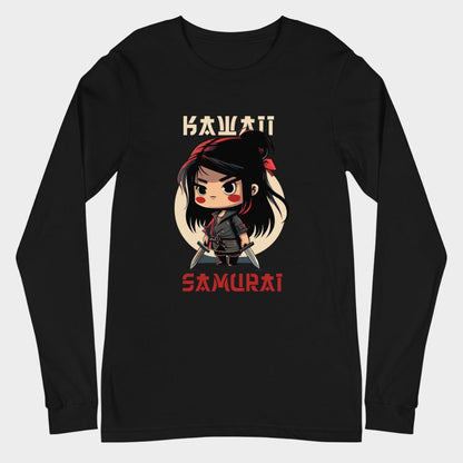 LouVoyage - Long Sleeve T-shirt Women - Kawaii Samurai - Black & White - XS/2XL