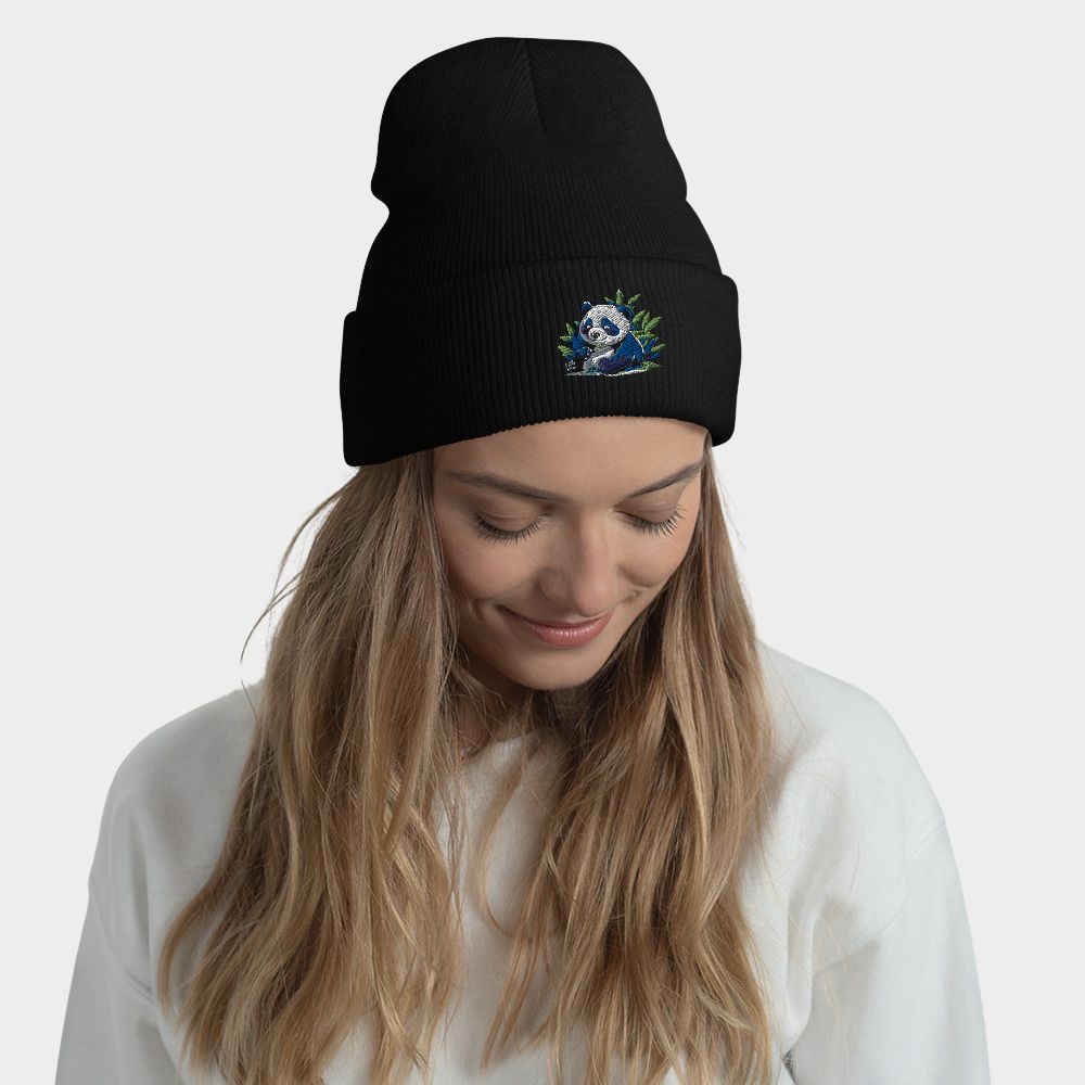 LouVoyage - Beanie Women - Embroidery - Panda - Black