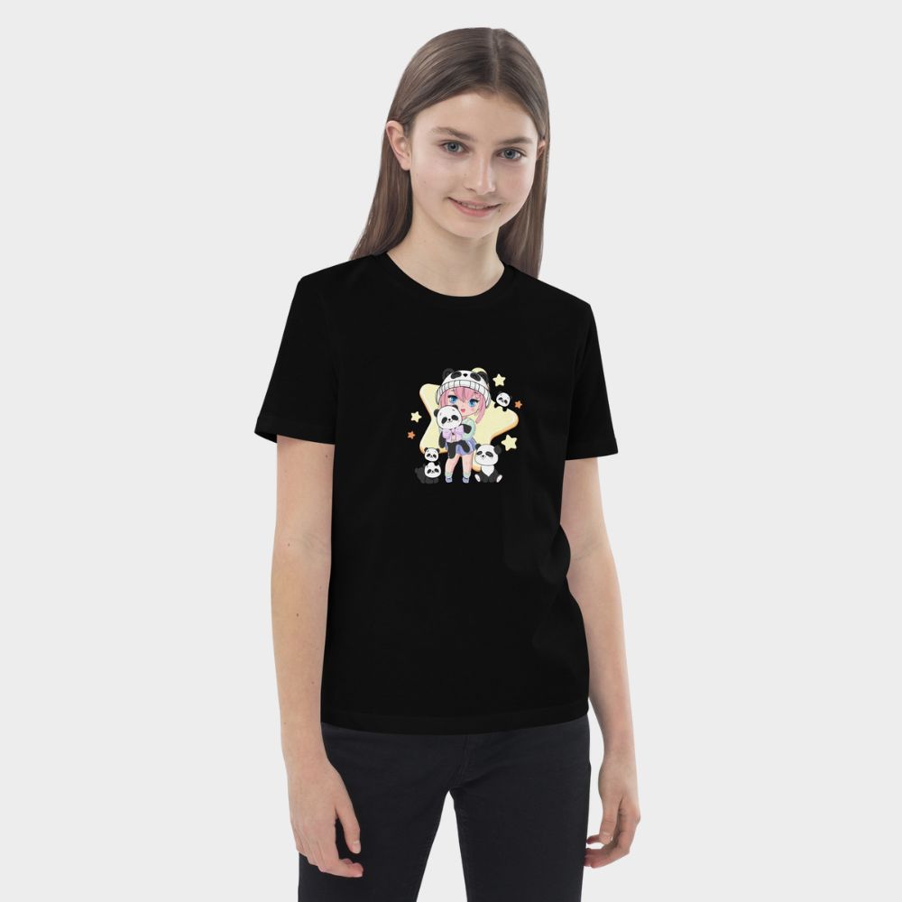 LouVoyage - T-shirt Girls - Kawaii Panda Girl - Black & White & Blue - 3/13Y