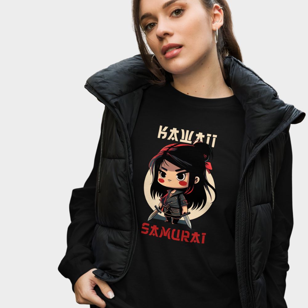 LouVoyage - Long Sleeve T-shirt Women - Kawaii Samurai - Black & White - XS/2XL