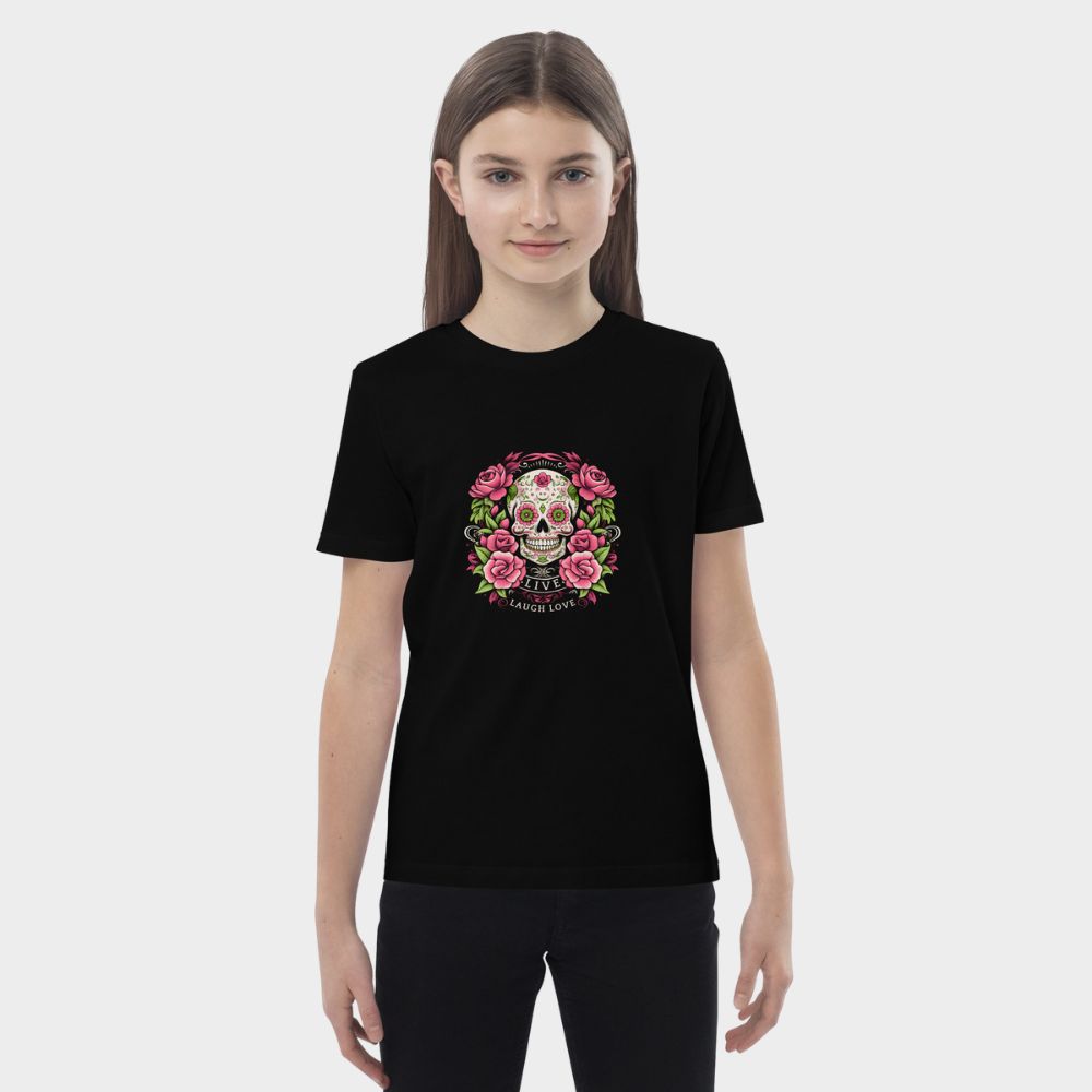 LouVoyage - T-shirt Girls - Skull within Flower - Black & Blue - 3/13Y