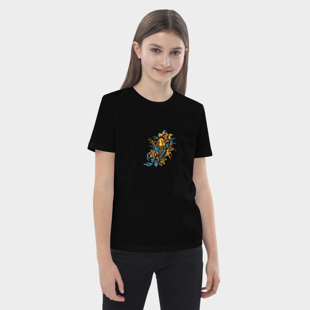 LouVoyage - T-shirt Girls - Golden Koi Carp - Black & White & Blue - 3/13Y