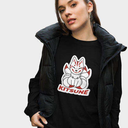 LouVoyage - Long Sleeve T-shirt Women - Kawaii Kitsune - Black & White - XS/2XL