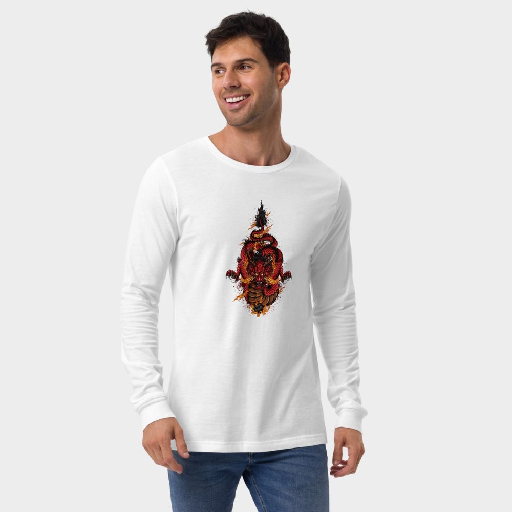 LouVoyage - Long Sleeve T-shirt Men - Dragon in Fury - White - XS/2XL