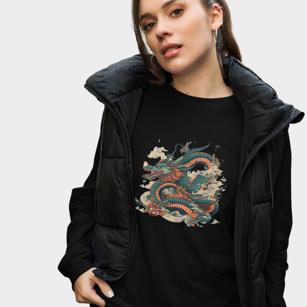 LouVoyage - Long Sleeve T-shirt Women - Ancient Dragon - Black & White - XS/2XL