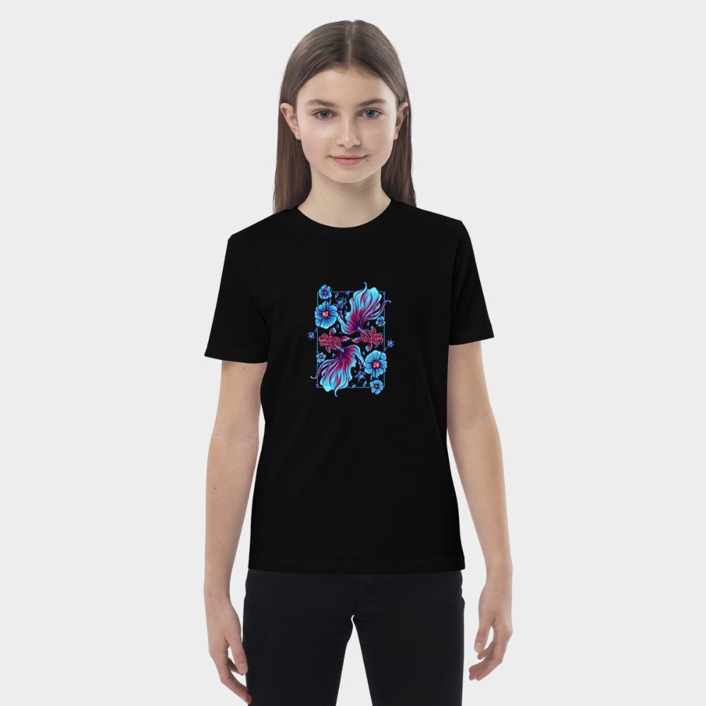 LouVoyage - T-shirt Girls - Koi Carp Illustration - Black & White & Blue - 3/13Y