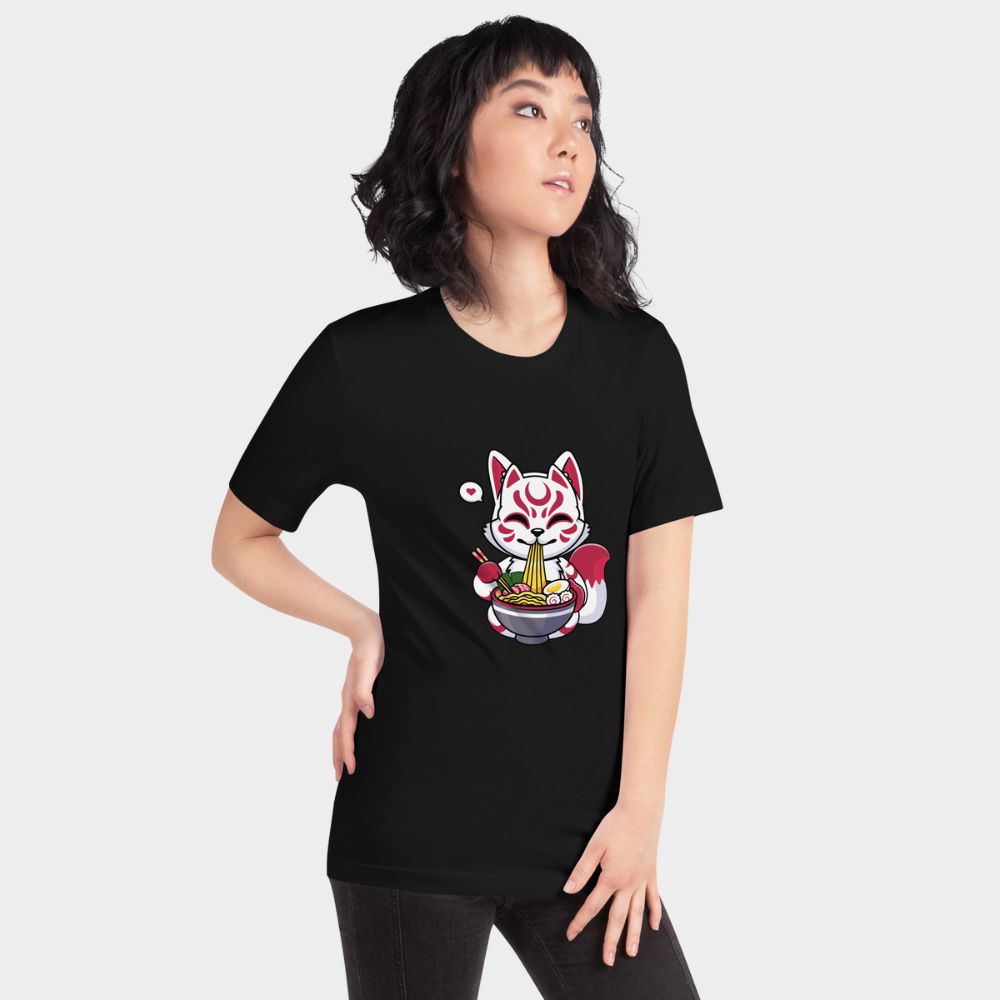 LouVoyage - T-shirt Women - Ramen Kitsune - Black & White & Gray - XS/3XL