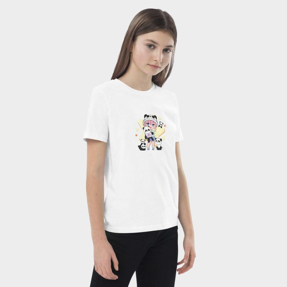 LouVoyage - T-shirt Girls - Kawaii Panda Girl - Black & White & Blue - 3/13Y