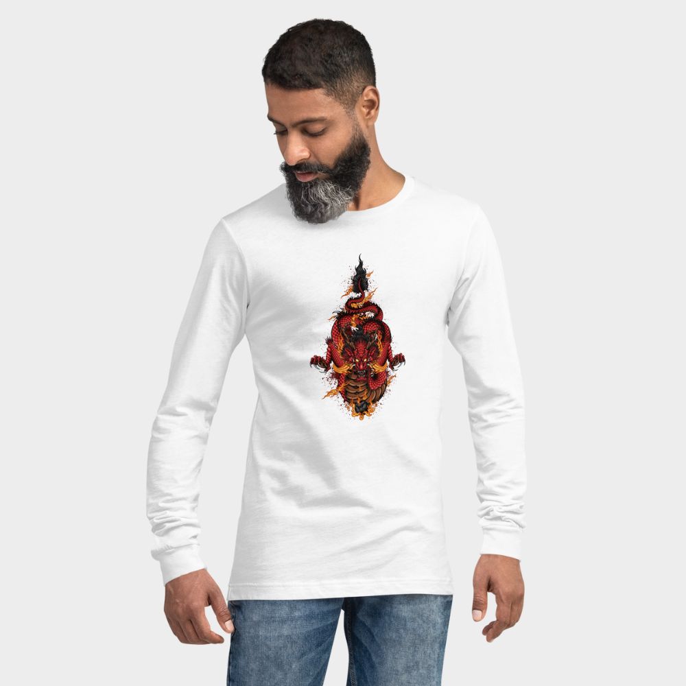 LouVoyage - Long Sleeve T-shirt Men - Dragon in Fury - White - XS/2XL