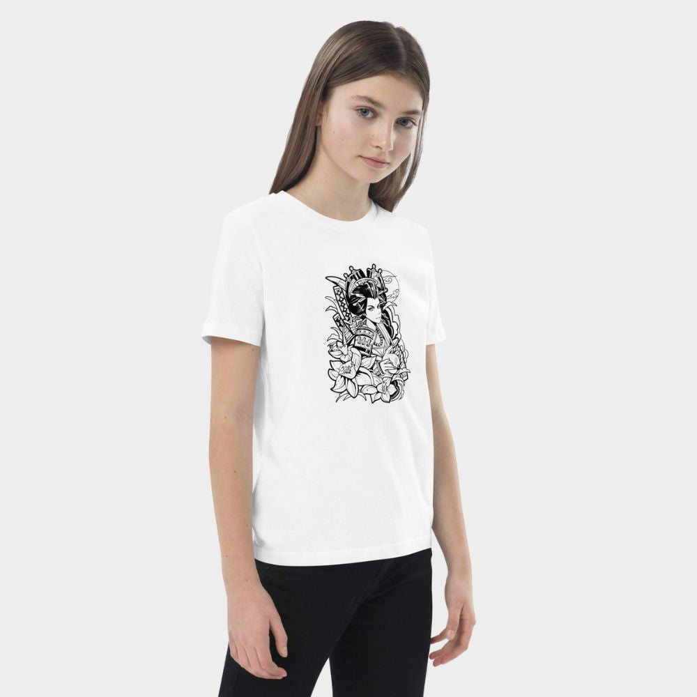 LouVoyage - T-shirt Girls - Samurai Geisha Tattoo - White - 3/13Y