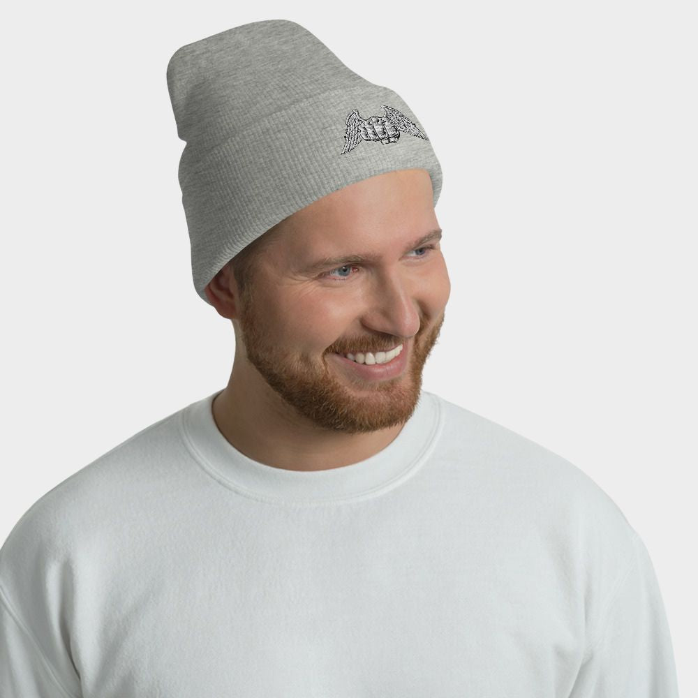 LouVoyage - Beanie Men - Embroidery - Martial Art - Black & Gray & White