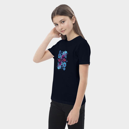 LouVoyage - T-shirt Girls - Koi Carp Illustration - Black & White & Blue - 3/13Y