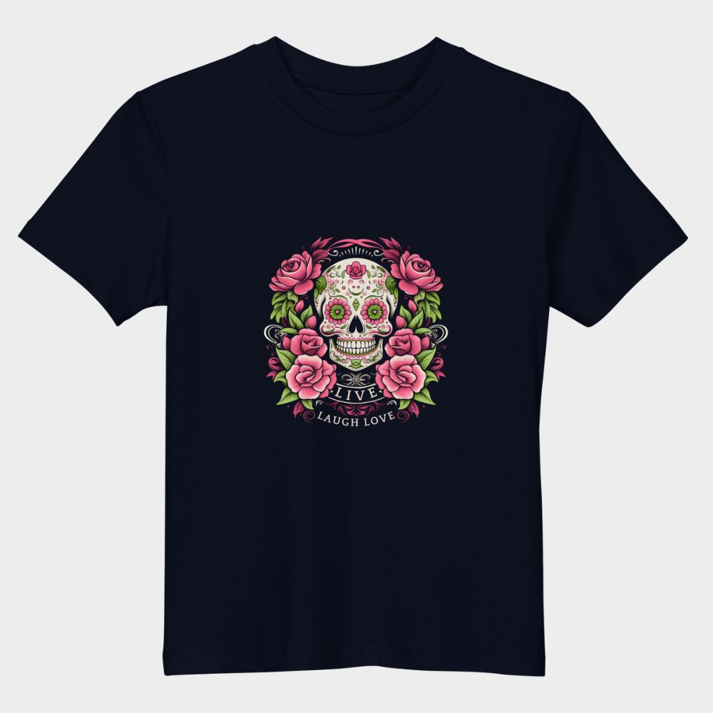 LouVoyage - T-shirt Girls - Skull within Flower - Black & Blue - 3/13Y