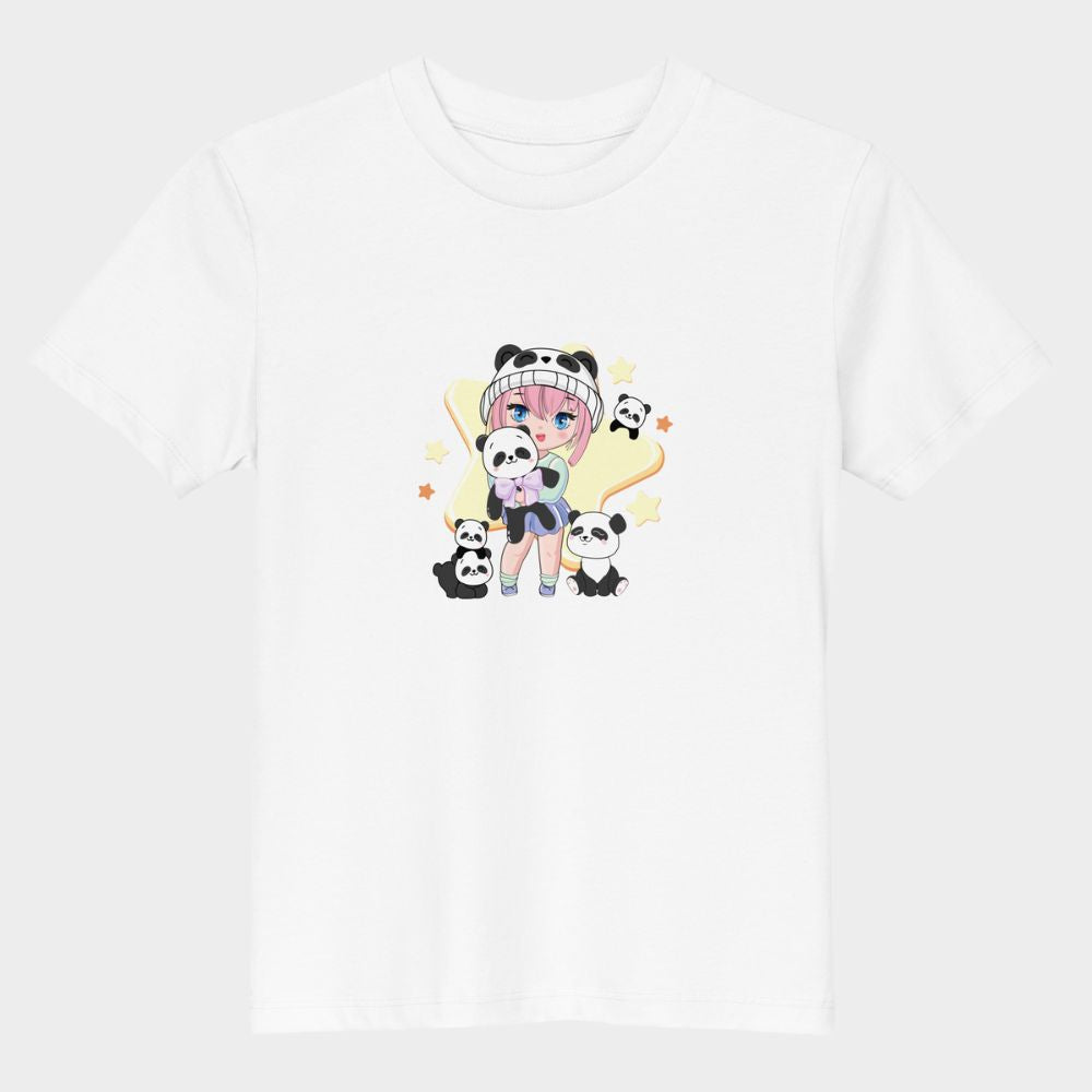 LouVoyage - T-shirt Girls - Kawaii Panda Girl - Black & White & Blue - 3/13Y