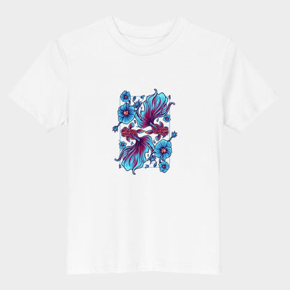 LouVoyage - T-shirt Girls - Koi Carp Illustration - Black & White & Blue - 3/13Y