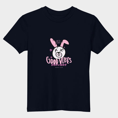 LouVoyage - T-shirt Girls - Good Vibes - Black & White & Blue - 3/13Y