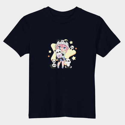 LouVoyage - T-shirt Girls - Kawaii Panda Girl - Black & White & Blue - 3/13Y